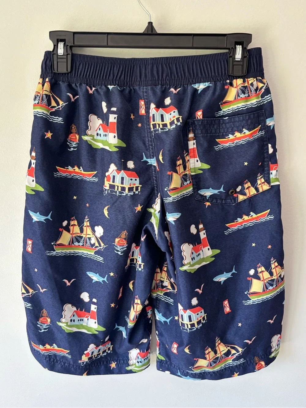 Hanna Anderson Navy Blue Swim Trunks Shorts Nautical Boats Lighthouse Beach Pool